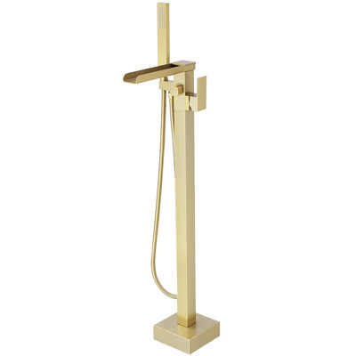 Waterfall Single Handle Floor Mount Freestanding Tub Faucet Bathtub Filler With Hand Shower