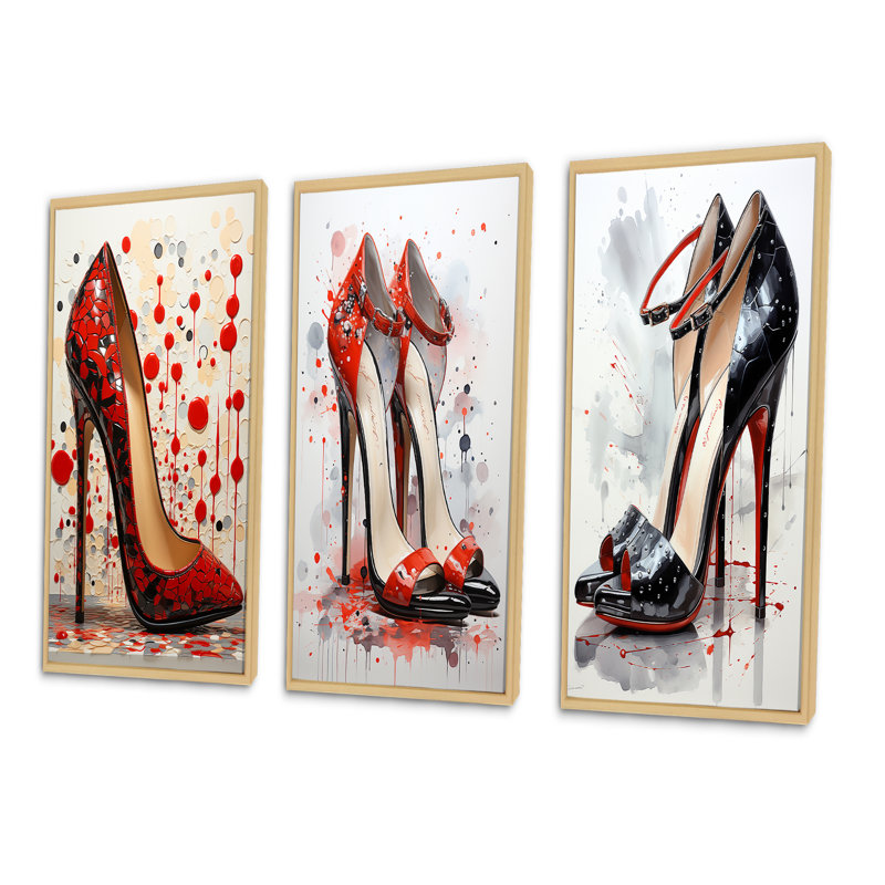 «Black and Red High Heels Symphony II», ensemble de 3 impressions, Encadré naturel, H 40 po x l 60 po