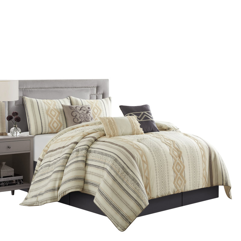 Samara Beige/Ivory Microfiber 7 Piece Comforter Set, Queen Comforter + 2 Queen Shams