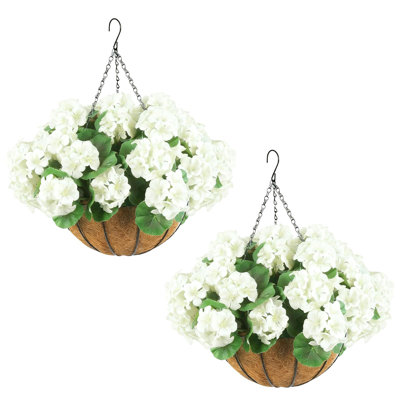 Set of 2 Artificial Geraniums Flowers with Hanging Baskets and 12 Bundles of Flowers for Indoors and Outdoors
