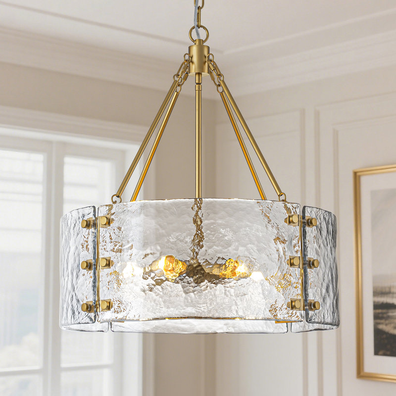 5-light Drum Chandeliers With Textured Glass , Gold