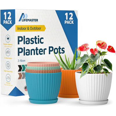Multicolor 6-Inch Plant Pots with Drainage & Saucers 12 Pack, Indoor & Outdoor Planters for Houseplants, Herbs, and Flowers, Durable & Weatherproof Material, Stackable, Lightweight, Minimalist Design