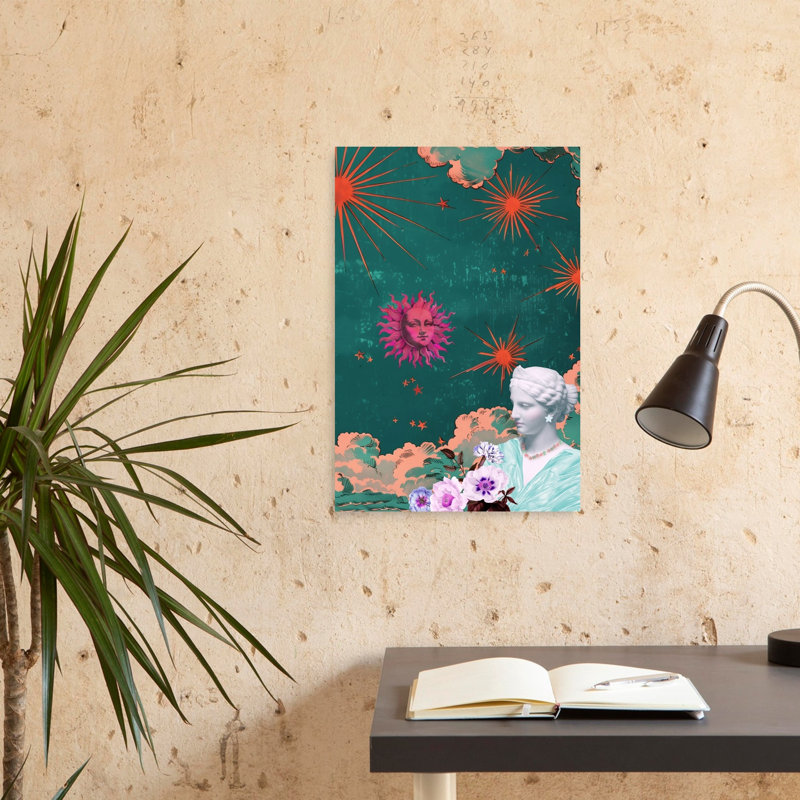 Affiche murale représentant une déesse du soleil dans un paysage floral céleste, onirique et mystique., 24" H x 16" W