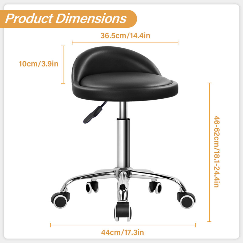 Backed Adjustable Height Ergonomic Lab Stool with Removable Casters / Wheels, Black