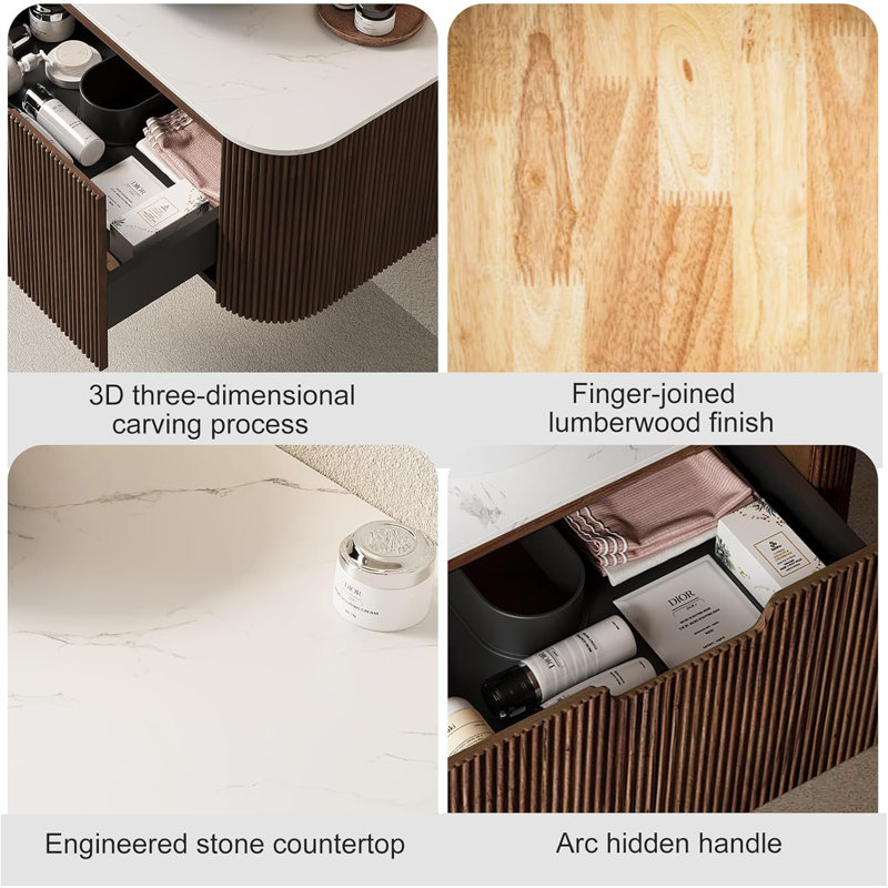 48" Bathroom Vanity with Sink, Ceramic Basins and Marble Top, 2 Large Storage Drawer,Pre-Assembly, Brown