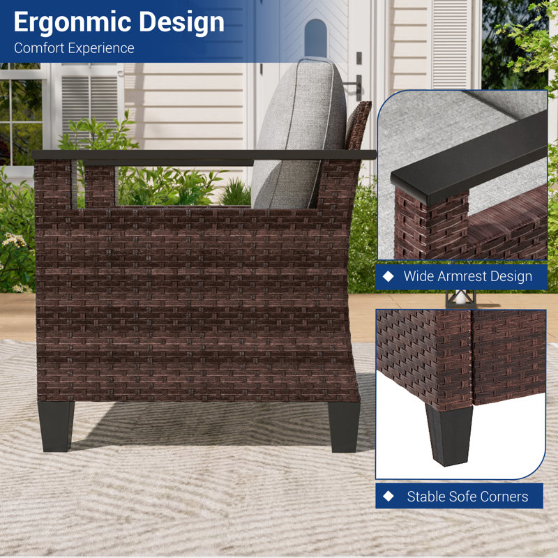 Chaise de patio et table d'appoint en rotin 3 pièces, chaise en osier toutes saisons avec structure en acier, Gris plomb