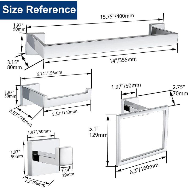 Ensemble de 5 accessoires de quincaillerie de salle de bain, Chrome poli