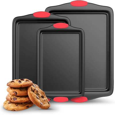 3-Piece Nonstick Baking Sheet Set with Silicone Handles, Durable Steel Cookie Sheets & Oven Pan