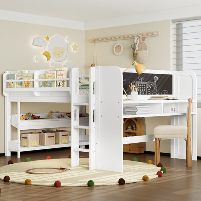 Full Size Solid Wood Low Loft Bed with Storage Bookcases, Drawers, Boxes, Desk & Blackboard, No Box Spring Needed, White