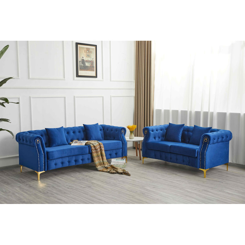  Ensemble de salon rembourré 2 pièces avec pieds en métal, Bleu