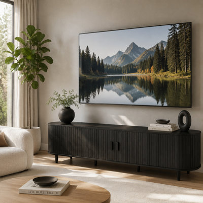 70" Mid Century Modern TV Stand With Storage & Shelves To Fit Up To 75" Tvs, Wood Media Console Tambour Door Entertainment Centre Midnight Black