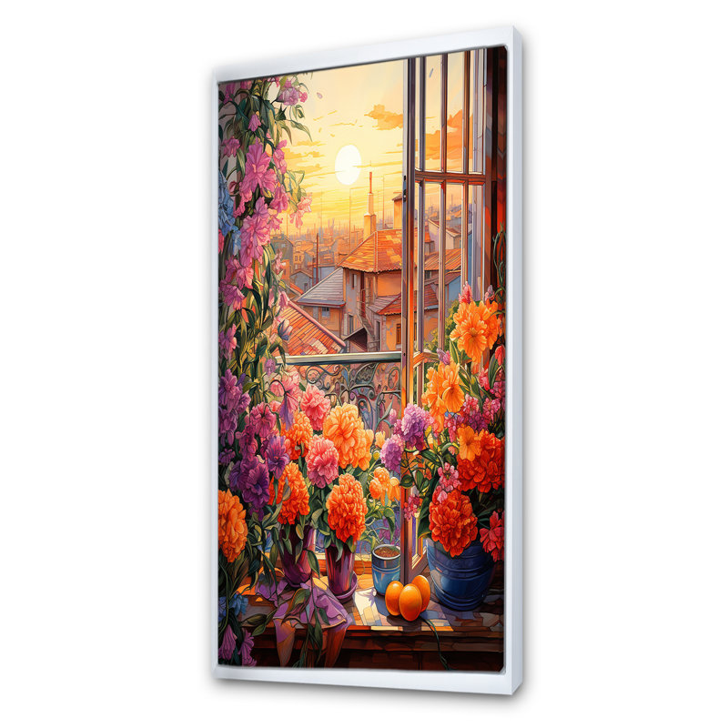«Sunset Florals Windows View In Italy II», art mural floral, Cadre flottant blanc, H 44 po x l 34 po