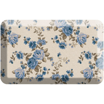 Tapis de cuisine anti-fatigue, motif de roses de jardin anglais en bleu