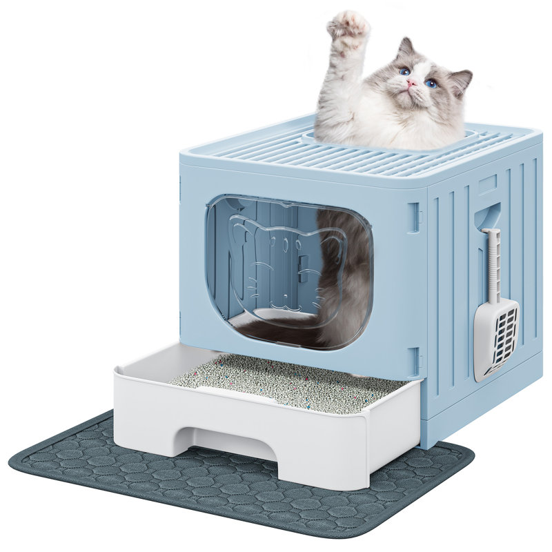 Plastic Enclosed Litter Box with Scoop, Light Blue