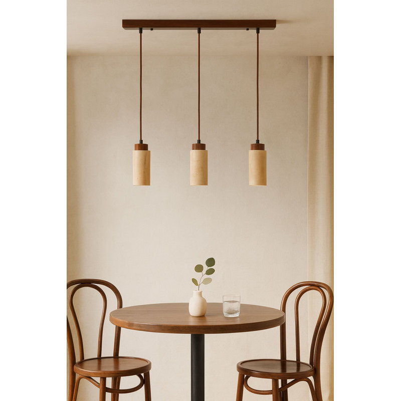 Elegant Adjustable Chandelier, Wood Veneer & Metal Body, Beige & Walnut Finish | Cap Size: Ø2.6 x 7.1 inches, Total Height: 11.8 - 63.0 inches, Base Plate: 23.6 x 2.4 x 1.6 inches | 3 x GU10 Max 10W (Bulb Not Included)