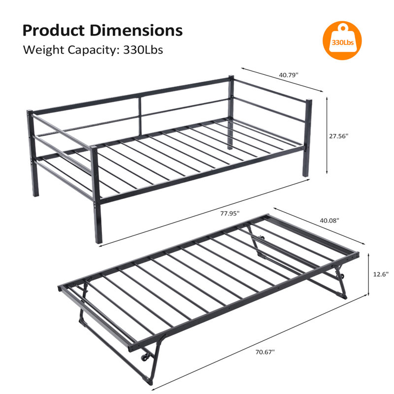 Black Twin Size Daybed with Pop Up Trundle Heavy Duty Metal Twin Bed, Black
