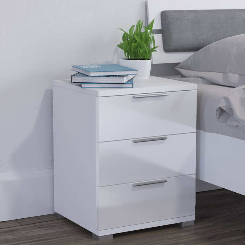 Machias 3 Drawer Bedside Table, High-Gloss White