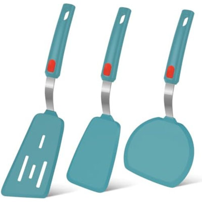 Silicone Spatula Turner Set of 3, 600°F Heat Resistant (Blue) | Flexible Spatulas for Nonstick Cookware, Cooking, Flipping, Egg & Pancake, BPA Free Kitchen Utensils, Dishwasher Safe