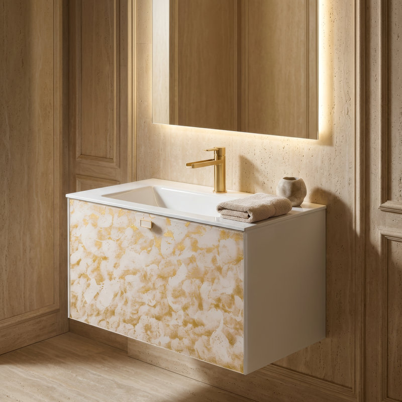 32'' Single Bathroom Vanity with Glass Top, White, White/Gold
