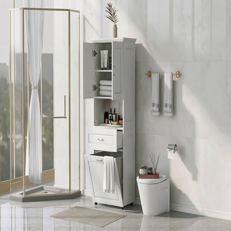 Tall Bathroom Cabinet With Laundry Basket, Large Storage Space Tilt-Out Laundry Hamper And Upper Storage Cabinet, White