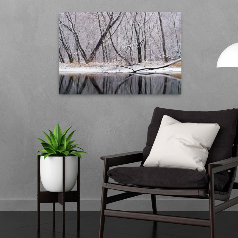 Neige sur les arbres, art abstrait contemporain, forêt tranquille, H 16 po x l 24 po