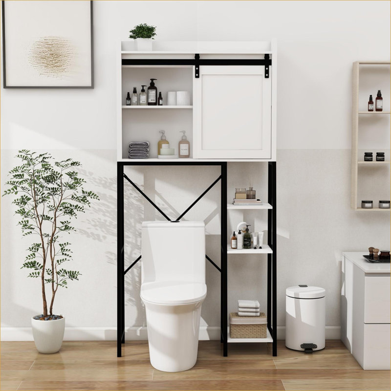 Au-dessus de la toilette, porte de grange coulissante de style campagnard à tablettes réglables | Blanc | Panneau de fibres à densité moyenne