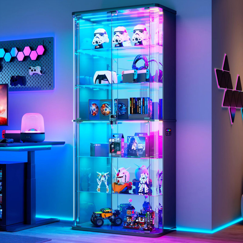 Vitrine 70,9 "à porte en verre T avec lumière RVB, armoire de rangement à 6 niveaux avec capteur de corps humain , Noir