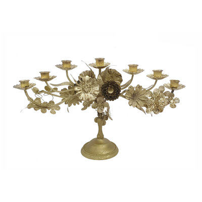 18.5x4.3x11" Ornate 7-Light Iron Taper Candle Holder With Gold Floral Design
