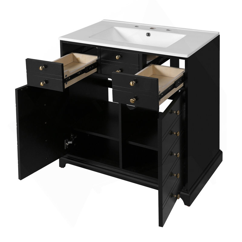 Ensemble de meuble-lavabo 30 po avec lavabo en céramique, meuble de rangement à cadre en bois, ensemble de meuble-lavabo autoportant avec 2 tiroirs et portes à fermeture douce, noir