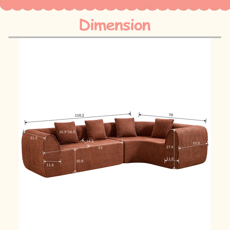 Canapé modulaire incurvé moderne en L de 110 po avec éponge entièrement compressée haute densité, ensemble de 2 pièces, faisant face à la droite et assemblé, parfait pour le salon ou le salon