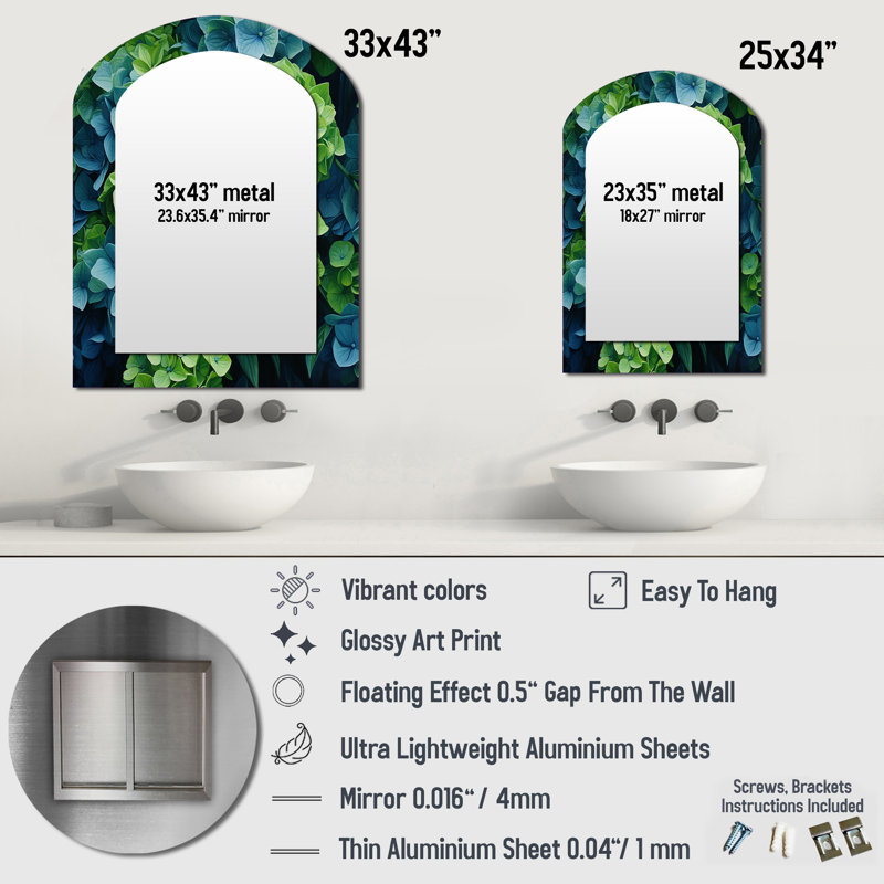 Green Blue Hydrangea Emerald Blooms - Hydrangea Arch Large Mirror, Traditional Asymmetrical Unique Wall Mirror Decor, Printed Metal Art