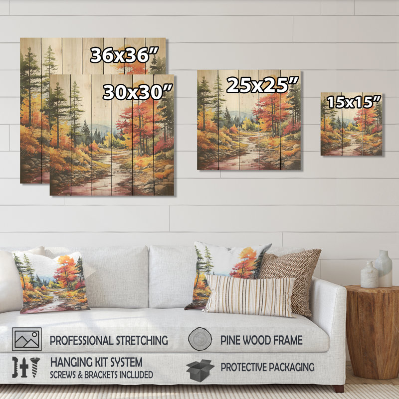 Jaune et orange, rivière d'automne Tranquility IV - rivière sur bois, H 15 po x l 15 po