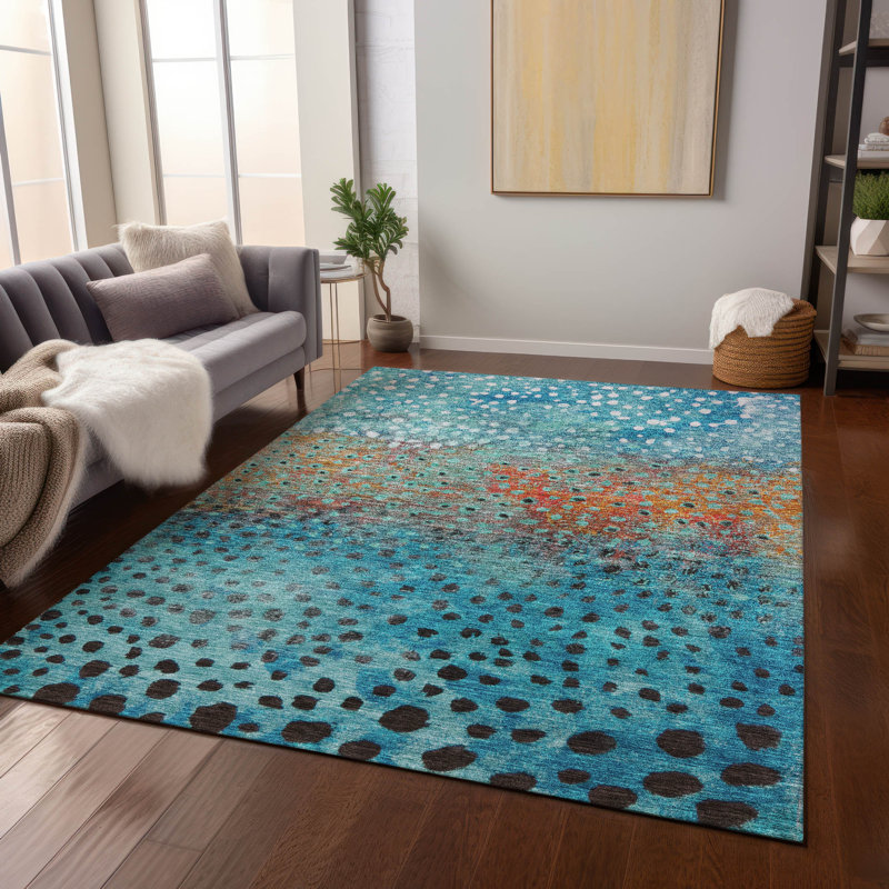 Tapis intérieur / extérieur bleu lavable à la machine 8 pi x 10 pi ACN1074, Rectangle 10 pi x 14 pi