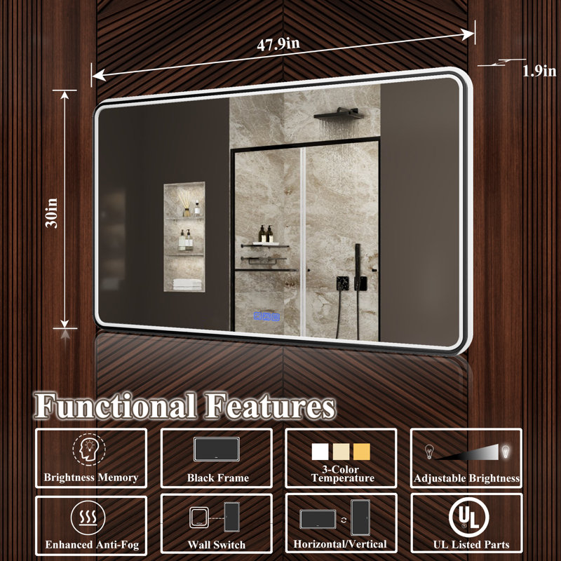 Framed LED Bathroom Vanity Mirror, 48" x 30", Rectangle