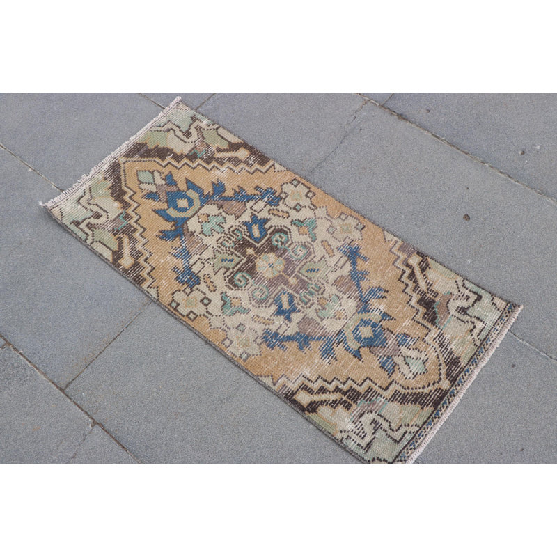 Vintage Turkish Anatolian Rug: Small, Colorful Entryway Decorative Door Mat in Brown Tones