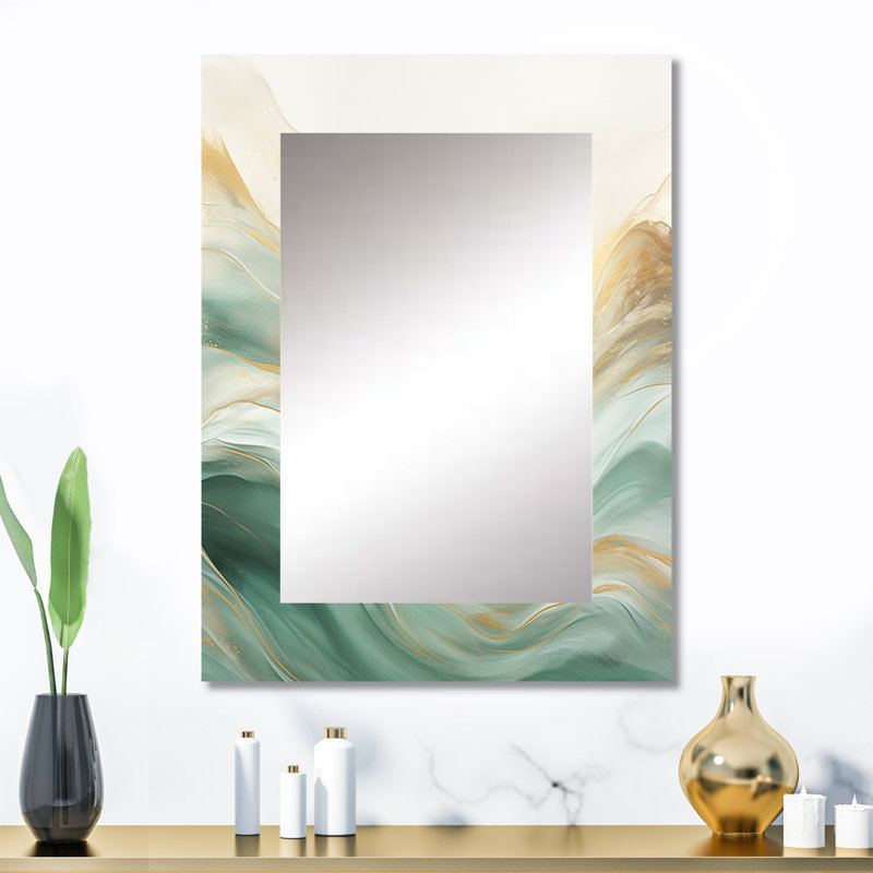 Gold And Green Soft Wave Fusion I - Abstract Shapes Unique Wall Mirror Decor, Beige Large Mirror, Printed Metal Art