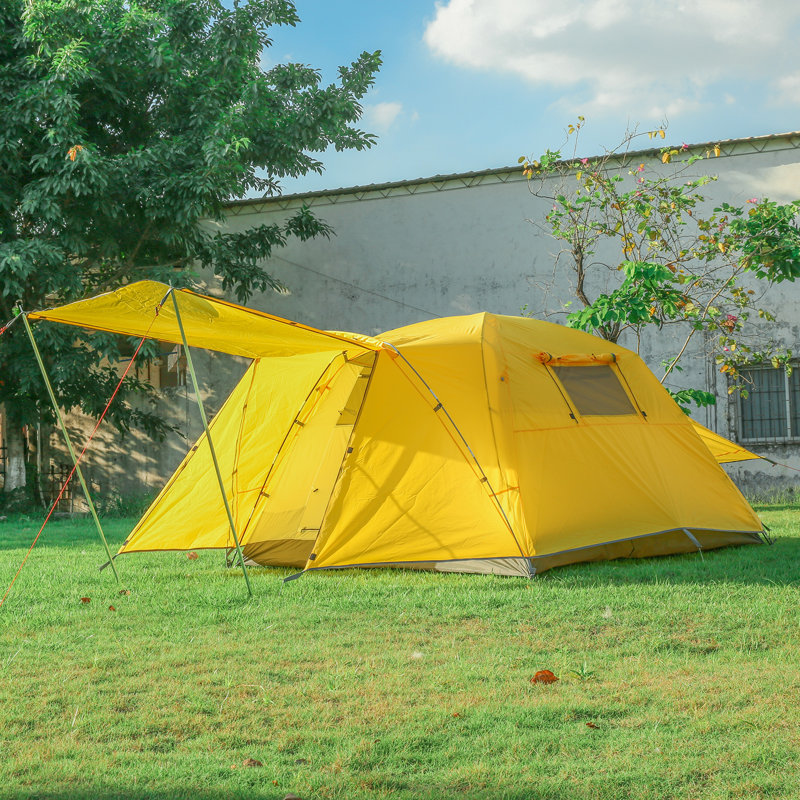 Tente de camping 4 personnes avec voile d'ombrage, Jaune