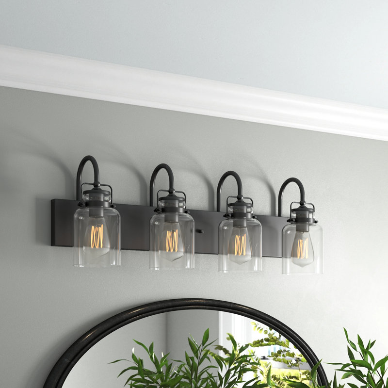 Loucks 30 in. 4-Light Farmhouse Dimmable Vanity Light with Clear Glass Shade, Matte Black