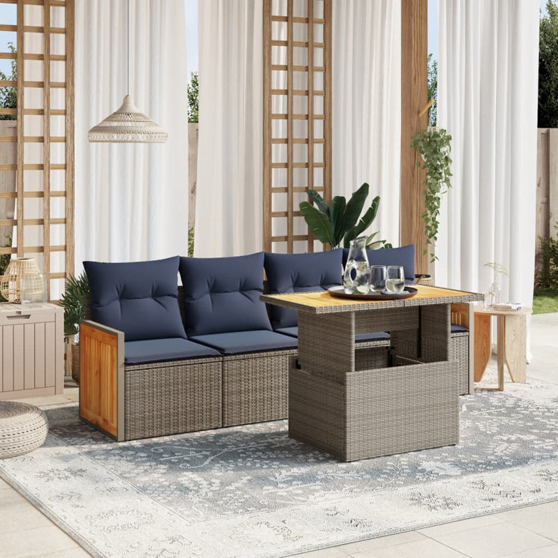  Ensemble de canapé de patio 5 pièces avec coussins en rotin de polyester, Gris, Bleu