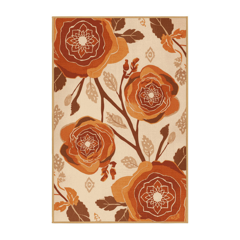 Machine Washable Ottwell Wild Rose Bohemian Moroccan Rug in Brown – LightBrown Binding, 4x6