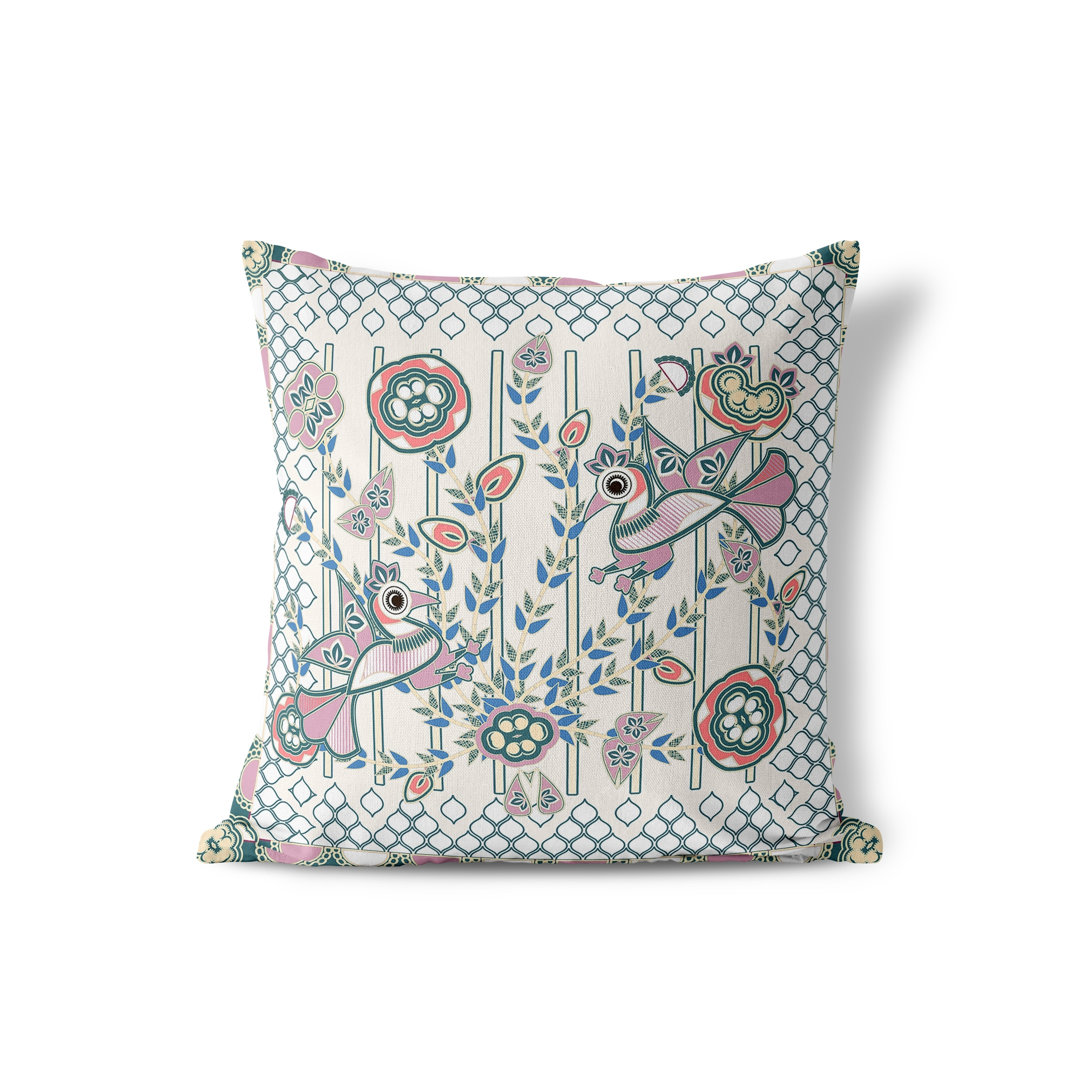 Aquatic Peacock Floral Square Cushion mit Füllung