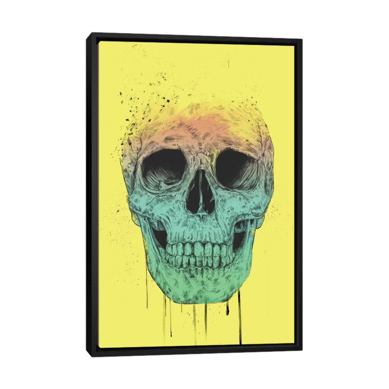 « pop art crâne », impression sur toile tendue, H 26 po x l 18 po x P 1,5 po, Toile avec cadre noir, Pas de tapis