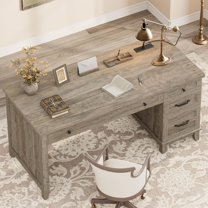 53.5" Farmhouse Wood Desk with Drawers & Power Outlets, Executive Home Office Desk with Adjustable File Cabinet, Distressed Writing Desk for Study