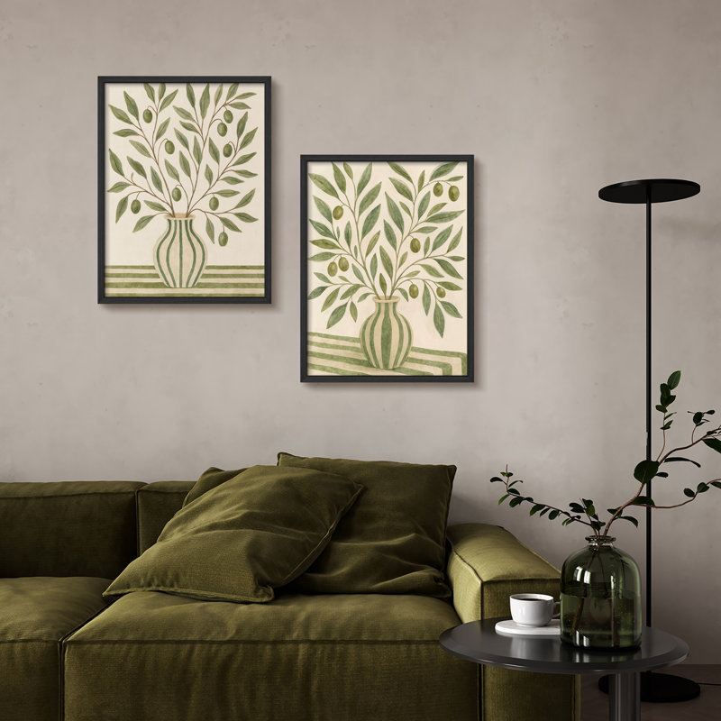 "Olive Branch", ensemble de 2 reproductions d'art mural encadrées dans un vase, Naturel, H 10 po x l 8 po