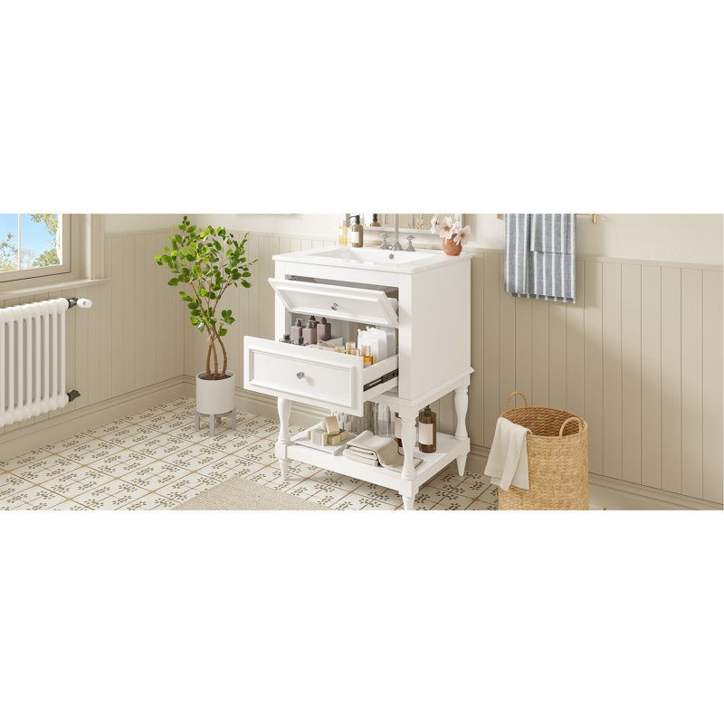 Meuble-lavabo de 61 cm avec lavabo en céramique, rangement de style rétro, tablette ouverte et 2 tiroirs, - Vasque lisse avec trou antidéversement pour un nettoyage facile