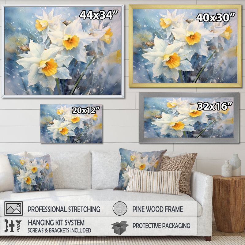 Impression de jonquille II sur fond jaune, H 24 po x l 32 po, Toile tendue