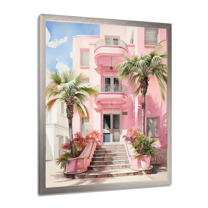 Zappha Pink Miami Artful Facades II - Miami, art mural, H 20 po x l 12 po x P 1 po, Cadre simple argenté