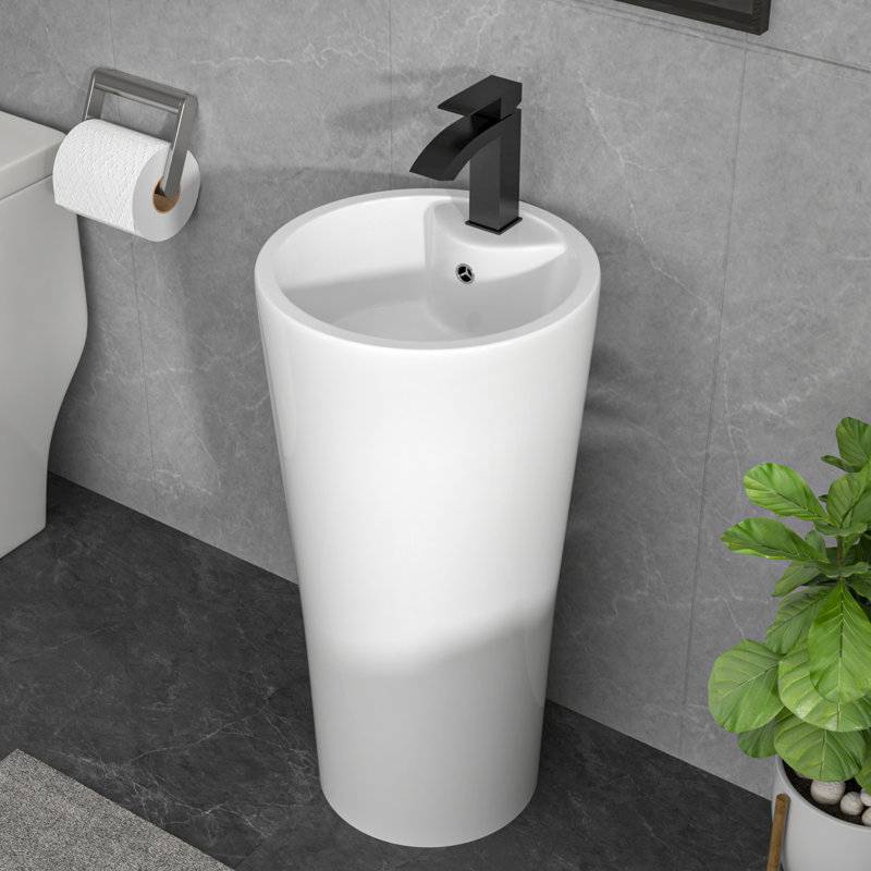 Ceramic Pedestal Sink Classic One-piece Freestanding Pedestal Combo Bathroom Sink with Overflow, 32.5" H x 15" L x 13" W