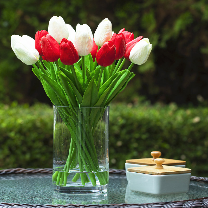 Silk Tulip Arrangement in Vase, White Red
