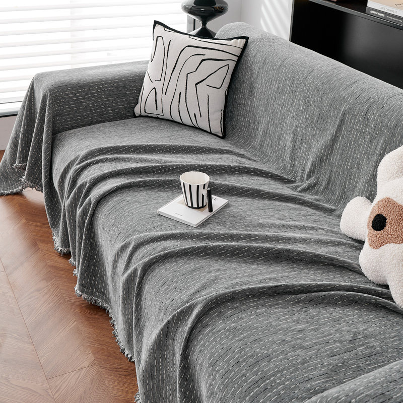 Housse pour canapé à rayures fines multicolores en chenille classique, Gris chenille, H 71 po x l 150 po x P 0,1 po